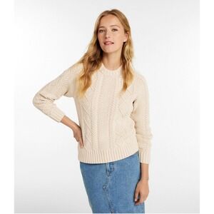 LL Bean Signature Cream Fisherman Cable Knit Crew Sweater Womens Medium Cotton